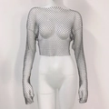 Dettaglio del top corto a rete nero con strass colorati su un manichino bianco - Crop top / Nero Girocollo