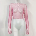 Dettaglio del crop top rosa in rete con decorazioni di perline scintillanti applicate - Coprispalle Corto / Rosso Rosa Scollo a Barca