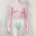 Close-up of pink long sleeve rhinestone fishnet crop top with sparkling crystals - Pink Off Shoulder