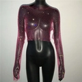 Sparkly rose red long sleeve fishnet top with rhinestones for women party wear - Rose Red Square Neck