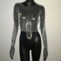 Sparkling white rhinestone fishnet top with long sleeves for women party wear - White Square Neck