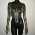 Detail of V-neck fishnet crop top featuring sparkling rhinestones and long sleeves - Gold V-Neck