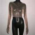 Close-up of sparkling rose gold rhinestone fishnet crop top with deep V-neck - Nude V-Neck