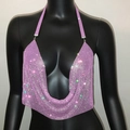 Detailed view of pink rhinestone mesh halter top with deep V-neck and metallic shimmer - One Size / Pink