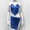 Detail of bright blue metal sequin two-piece set featuring halter top and side slit skirt - One Size / Top And Bottom / Sapphire Blue