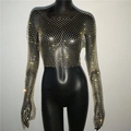 Sparkling silver mesh top with rhinestones and long sleeves on a black mannequin - Gold Square Neck