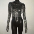 Sparkly silver fishnet long sleeve crop top with rhinestone details and mesh design - Silver Square Neck