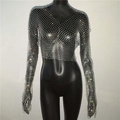 Macro detail of the silver mesh crop top featuring sparkling rhinestones and V-neckline - Silver V-Neck