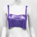 Detail van de paarse metalen mesh stof met lovertjes op deze sexy party crop top - M / Paars