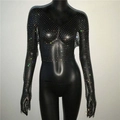 Detailed close-up of mesh top featuring vibrant colorful rhinestones on black fabric - Black V-neck