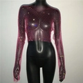 Detail of rose pink hollow fishnet cropped top with sparkling rhinestones and V-neckline - Rose Red V-Neck