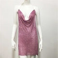 Detail of pink metal mesh sequin dress featuring a deep V-neck and halter neck design - Pink (With Rhinestones)