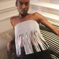 Detail of silver rhinestone mesh tube top with sparkling fringe tassels and strapless design - S / Silver with White String