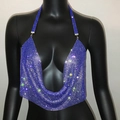 Detailed view of shimmering blue rhinestone halter top with V-neck and metallic mesh - One Size / Sapphire Blue