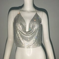 Nahaufnahme von glitzerndem silbernem Kettenhemd-Halter-Top mit Pailletten und Metallketten - Halter Rückenfrei Stil (5149059594939) / Silbernes Oberteil