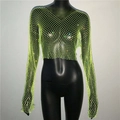Detail of neon green fishnet crop top featuring sparkling rhinestones and mesh texture - Green V-Neck