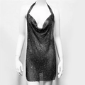 Detail of black metallic mesh cowl neck dress with shimmering sequins for party wear - Black