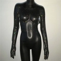 Slim fit black fishnet long sleeve top with colorful rhinestones for women - Black Square Neck