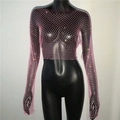 Pink rhinestone fishnet crop top long sleeve shirt for women on a black mannequin - Pink Square Neck