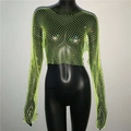 Neon green long sleeve fishnet crop top with glittering rhinestones for women - Green Square Neck