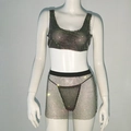 Dettaglio del set bikini in rete nera con strass scintillanti e trama a rete velata - Taglia unica / Nero