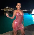 Pink metal chainmail halter dress with deep V-neck and high side slit for party - Iridescent Red