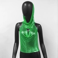 Détail du haut dos nu à sequins vert clair avec capuche et texture en maille métallique brillante - S (Taille Unique) / Vert