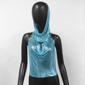 Détail de la capuche en paillettes bleu vif et du haut licou avec décolleté en V - S (Taille Unique) / Bleu Ciel