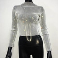 Top corto de manga larga de malla con diamantes de imitación blancos para mujer con red - Blanco