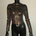 Camiseta de malla negra transparente para mujer con pedrería de colores brillantes - Diamante de Imitación Negro AB