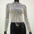 Top corto de malla con diamantes de imitación plateados y mangas largas para mujer moderna - Blanco Diamantes AB