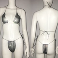 Sexy set bikini a rete argentata con strass, top allacciato al collo e perizoma con lacci - Taglia unica / Nero