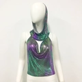 Macro detail of holographic gradient metal sequin mesh hooded halter top with draped neck - AB Color