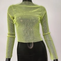 Top a rete verde neon da donna a maniche lunghe con strass brillanti vestibilità slim - Verde fluorescente