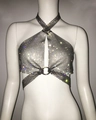 Macro shot of silver rhinestone mesh halter top with metallic ring detail and crystal chain - Black