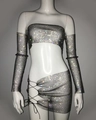 Detail of black mesh set with rainbow rhinestones including tube top and mini skirt - S / Set / Black