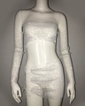 Detailed close-up of rhinestones and side lace-up design on a mesh sexy 3-piece set - S / Set / White