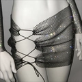 Black mesh rhinestone two-piece set featuring lace-up mini skirt and cropped top - M / Skirt Only / Black