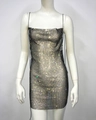 Close-up of sexy fishnet mini dress featuring colorful rhinestones and slim fit mesh - S / Black