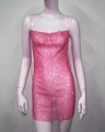 Close-up of pink rhinestone mesh on backless mini dress with thin shoulder straps - S / Rose Red