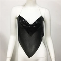 Detail of black sequin halter top featuring metallic mesh and chain straps for parties - One Size / Black