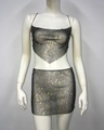 Detail of black rhinestone mesh two-piece set featuring a halter crop top and mini skirt - One Size / Black