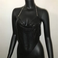 Sexy schwarzes Neckholder-Top mit Metall-Pailletten und Ketten für Clubwear-Partys - Einheitsgröße / Schwarz