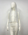 Detail of sheer mesh halter top and skirt set with shimmering silver rhinestones - S / White