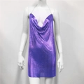 Detail shot of purple metallic sequin mesh and cowl neck chain on a party dress - Purple