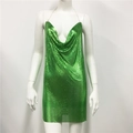 Detail of bright green metal sequin dress with chain straps and cowl neck draping - Green