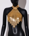 Detail van de gouden metalen haltertop met pailletten en asymmetrische zoomlijn - Eén maat / Goud