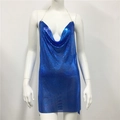 Detail of blue sequin mesh mini dress with silver chain halter and deep V-neckline - Sapphire Blue