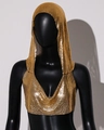 Detail of gold metal mesh sequin crop top and matching hooded scarf on a black mannequin - Gold