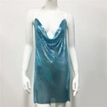 Detail showing the sky blue metallic sequin fabric and plunging cowl neck of the dress - Sky Blue